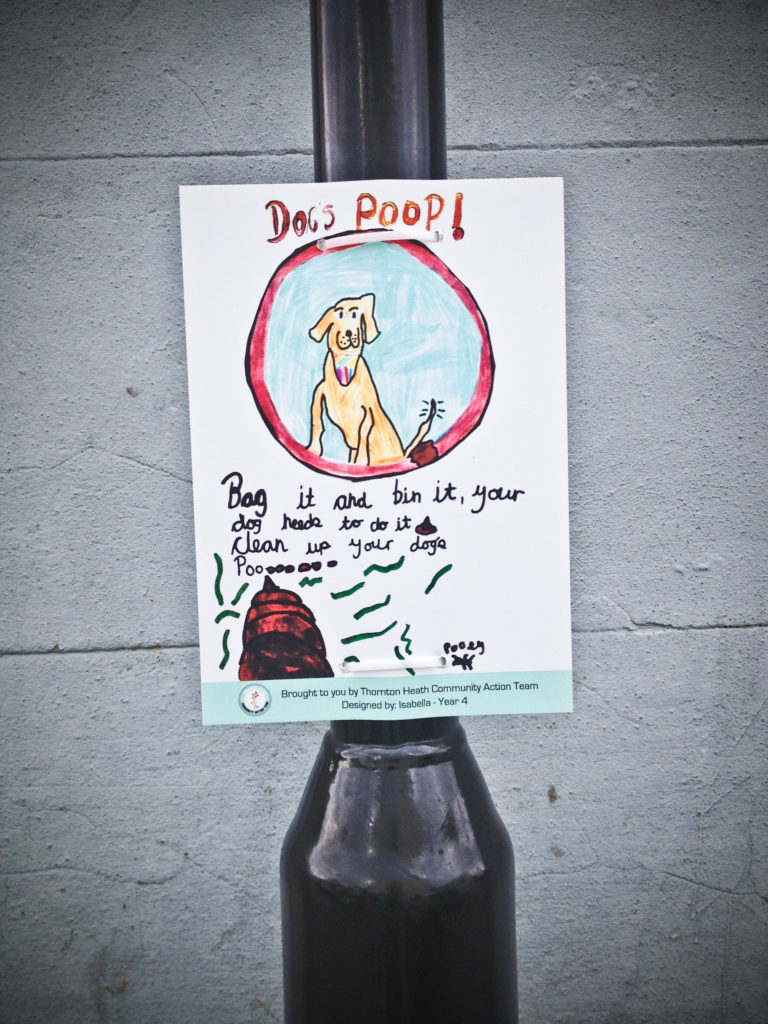 children's dog poop poster on a lamp post in Thornton Heath
