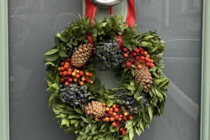 Photo of a Chriistmas wreate with green foliage, red berries and pine cones hanging from a knocker on a pale green door