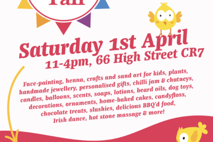 Thornton Heath Spring Fair poster for Saturday 1st April, listing all the different stall types such as face painting, henna, hot stone massage, food, local makers and small businesses