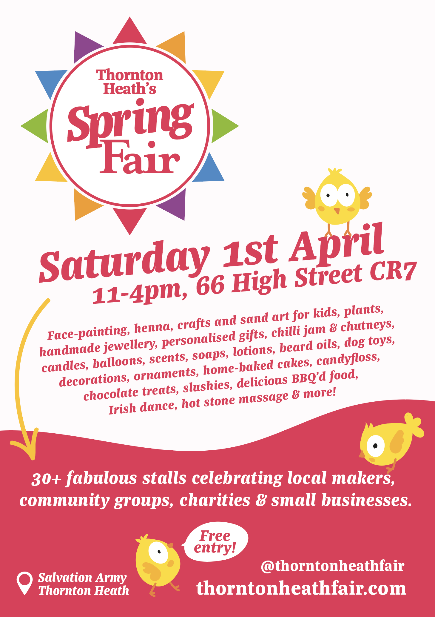 Thornton Heath Spring Fair poster for Saturday 1st April, listing all the different stall types such as face painting, henna, hot stone massage, food, local makers and small businesses
