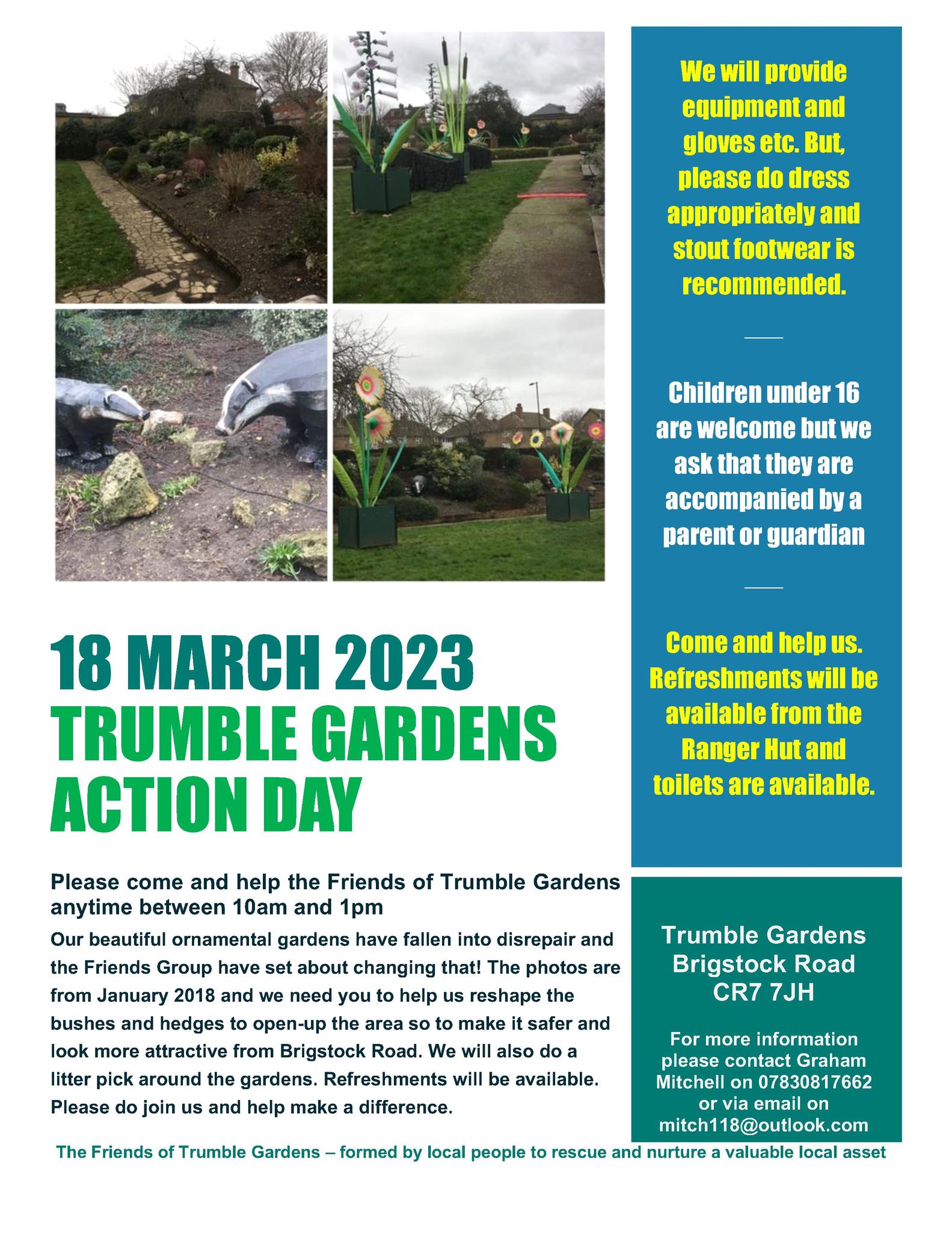 trumble gardens in thornton heath's action day poster. 4 images of trumble gardens and infoormatioon such as the date: 18th march 2023