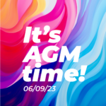 bright waves of colour in backgroound. It's AGM time! 06/09/23 in white bold text on top