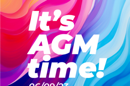 bright waves of colour in backgroound. It's AGM time! 06/09/23 in white bold text on top
