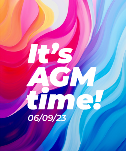 bright waves of colour in backgroound. It's AGM time! 06/09/23 in white bold text on top