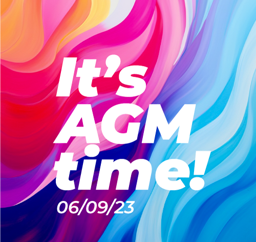 bright waves of colour in backgroound. It's AGM time! 06/09/23 in white bold text on top